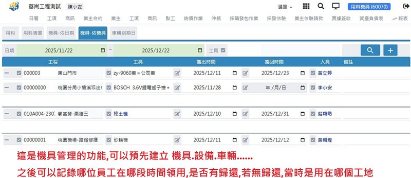 華崗雲端工程業系統－機具領用歸還管理