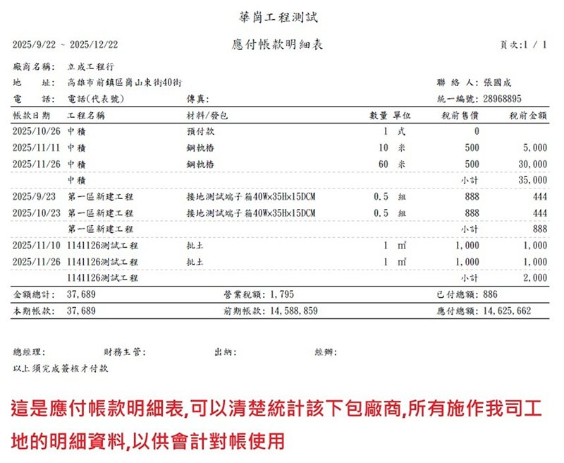 華崗雲端工程業系統－下包／廠商應付帳款明細表