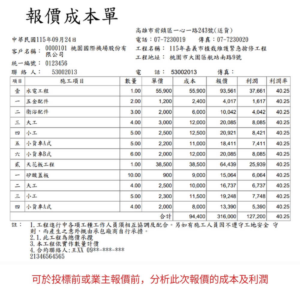 華崗雲端工程業系統－工程報價成本利潤分析